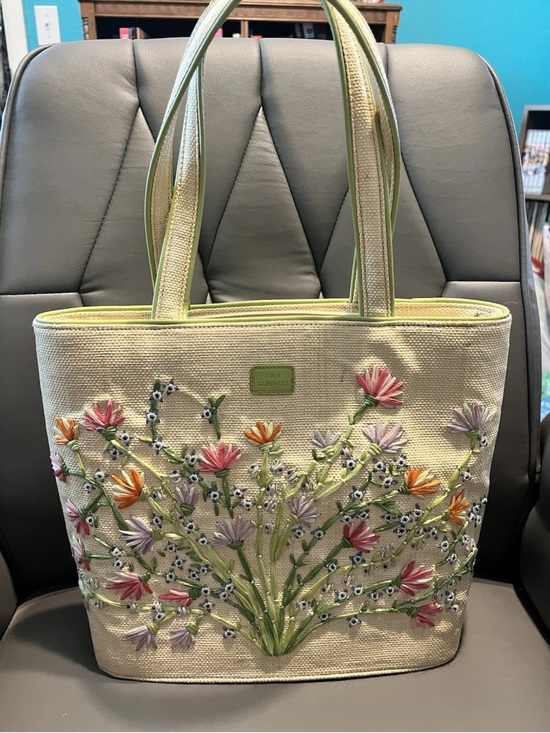 Lulu Guinness Handbags - Lulu Guinness Vintage Straw Tote with Pink, Orange, Lavender Floral Embroidery